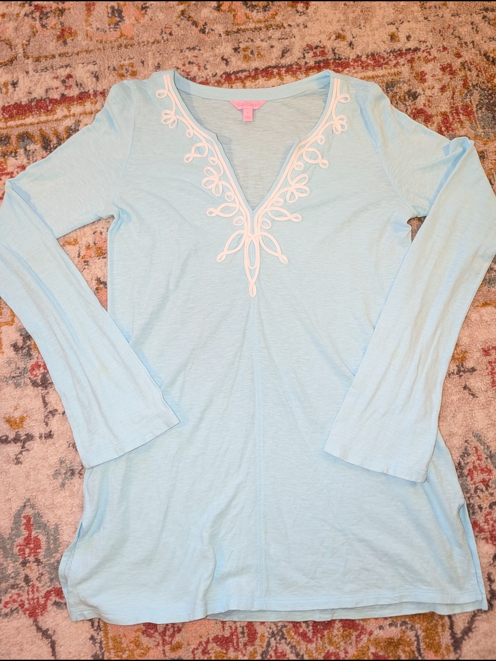 Lilly Pulitzer Women's L Light Blue V-Neck Tunic with White Embroidery